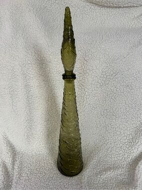 Vintage 1950's Empoli Italy 22" Olive Green Glass Wave Genie Bottle Decanter